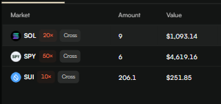 A portfolio table showing market positions including SOL with a 20x cross leverage on 9 units valued at $1,093.14, SPY with 50x cross on 6 units valued at $4,619.16, and SUI with 10x cross on 206.1 units valued at $251.85.