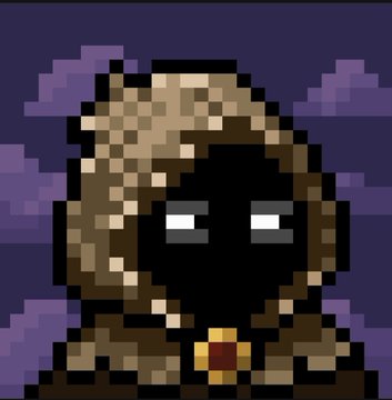 A pixel art sprite of a dark-skinned character wearing a brown hooded cloak and a gold necklace with a red gem, set against a purple starry sky.
