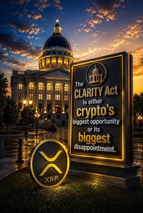 A sign reads "The CLARITY Act is either crypto's biggest opportunity or its biggest disappointment," with an XRP coin in the foreground and a government building in the background, symbolizing the potential impact of the act on digital assets.