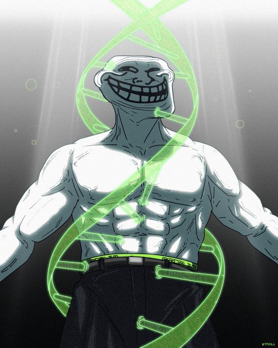 Black-and-white comic-style illustration of a muscular figure with a wide grinning face surrounded by a glowing green DNA helix, signed 'STROLL'.