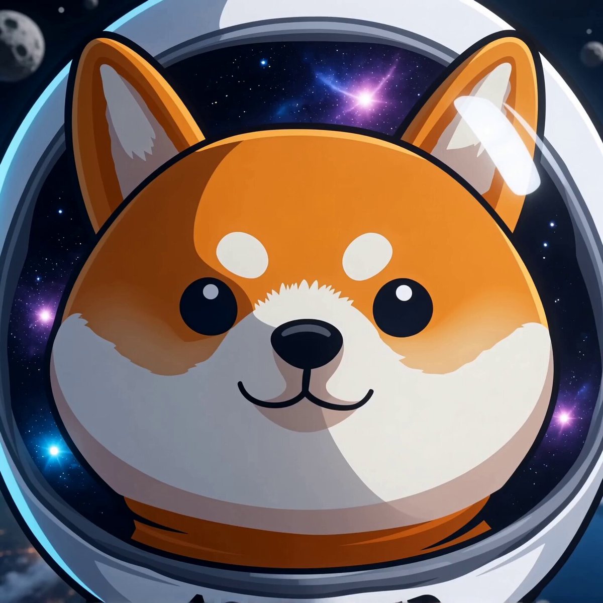 The image features a cartoon dog wearing a white helmet with a purple stripe, giving it the appearance of an astronaut. The background shows a depiction of outer space with planets and stars, creating a sense of depth and scale. The caption "Asteroid Shiba. The first Shiba in space." suggests that this is a reference to the Shiba constellation or a specific celestial body within the solar system.