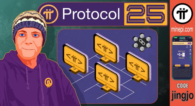 A promotional graphic for Pi Protocol 25 featuring a man in a beanie, with a referral code 'jingjo' and the minepi.com URL displayed.