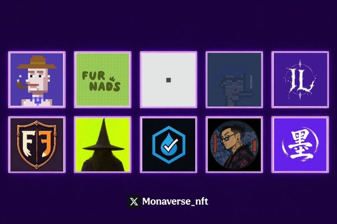A grid of 10 NFT collection thumbnails from @Monaverse_nft, featuring pixel art, illustrated characters, and stylized logos on a purple background.