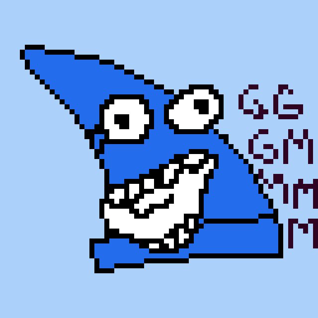 A pixel art illustration of a blue triangular character with large eyes and a wide grin, accompanied by the text 'GG GM' and partial text on the right side, set against a light blue background.