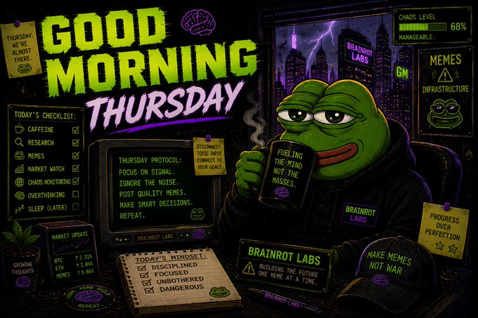 A digital illustration featuring a green Pepe frog character in a hoodie holding a mug that reads 'FUELING THE MIND NOT THE SASSES,' surrounded by various notes and checklists with text like 'GOOD MORNING THURSDAY,' 'CHAOS LEVEL HIGH: 68%,' 'BRAINROT LABS,' and 'MAKE MEMES NOT WAR.'