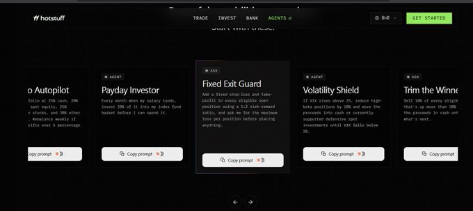 A dark-themed webpage from hotstuff showing various cryptocurrency trading agents like 'Autopilot', 'Payday Investor', 'Fixed Exit Guard', 'Volatility Shield', and 'Trim the Winne' with 'Copy prompt' buttons.