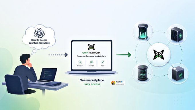 An infographic for the 'QUIP NETWORK Quantum Resource Marketplace' showing a person thinking about hard-to-access quantum resources, connecting to a laptop displaying the marketplace, then to a network of quantum computing devices.