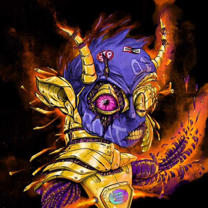 A detailed digital artwork depicts a menacing purple and gold armored figure with glowing pink eyes, horns, and a serpentine lower body, surrounded by flames and featuring a 'CHAMPION' patch and 'STOP' heart on the head.
