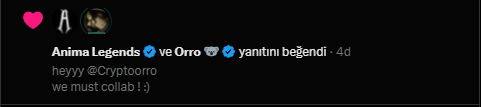 A Twitter/X comment from 'Anima Legends' saying 'heyyy @Cryptoorro we must collab ! :)' with heart, prayer, and globe emojis.
