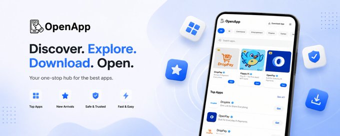 The image features a smartphone screen displaying an app called "OpenApp" with various icons related to different app categories such as "Discover", "Explore", "Download", and "Open". The text above the phone screen reads, "OpenApp is now live on Pi browser! Discover, explore, and open the best apps in the Pi ecosystem—all in one place." This suggests that the OpenApp app has been launched or is currently available for use.
