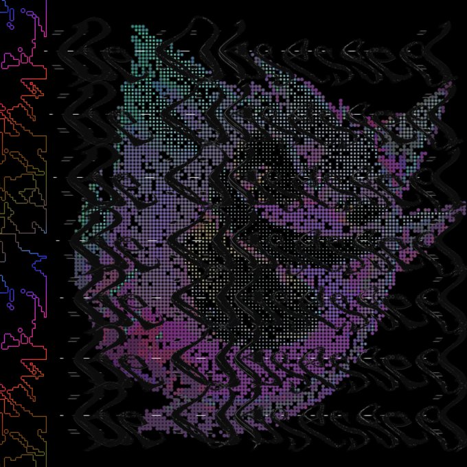 A digital artwork featuring a pixelated purple and teal world map silhouette with repeating chevron patterns and a circuit-board border on the left edge.