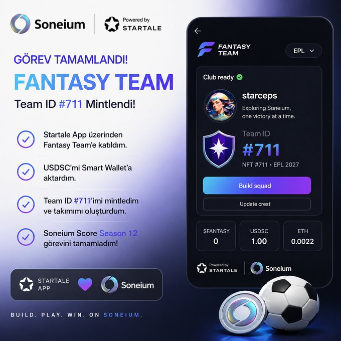 A promotional graphic for 'Soneium' and 'Fantasy Team' on the 'STARTALE' app, showing 'Team ID #711' minted with checkmarks indicating task completion.