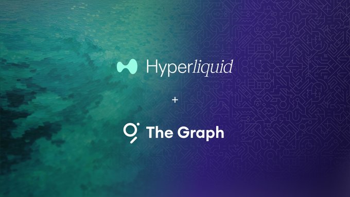 A promotional graphic displaying the Hyperliquid and The Graph logos side-by-side with a "+" between them, set against a split background featuring teal ocean water on the left and a purple circuit board pattern on the right. The image visually represents the integration mentioned in the post, where Hyperliquid's HyperEVM is now supported on The Graph's Substreams, enabling advanced blockchain data indexing including internal calls, balance changes, and storage changes.