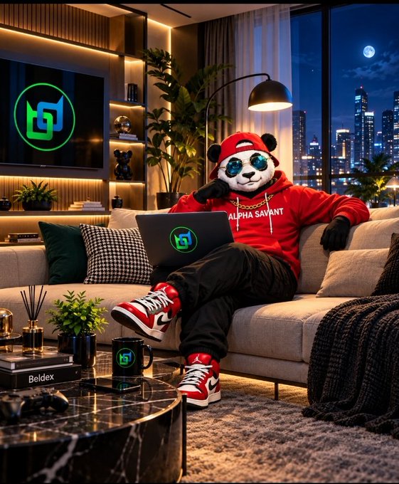 A stylized AI image of a panda-headed figure wearing a red 'Alpha Savant' hoodie, red and white sneakers, and sunglasses, sitting on a couch with a laptop displaying a green logo, in a modern apartment overlooking a nighttime city skyline with the moon visible.