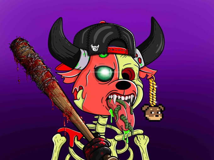 This image is of a mutated skeleton-headed dog holding a bat stained with some sort of fluid. The accompanying text in the post reads "No shirt, no shoes, no problem, Happy Mutant Monday".