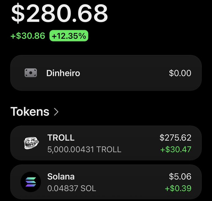 A digital wallet display showing a total balance of '$280.68', up '$30.86 (+12.35%)', with holdings in TROLL (5,000.00431 TROLL valued at $275.62) and Solana (0.04837 SOL valued at $5.06).
