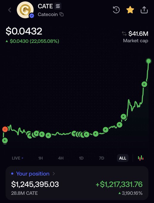 A screenshot of the Catecoin ($CATE) trading page showing a price of $0.0432 with a 22,055.08% increase from $0.0430, alongside a portfolio display of a $1,245,395.03 position in 28.8M CATE tokens representing a gain of $1,217,331.76 (3,190.16%) on the ALL timeframe chart.