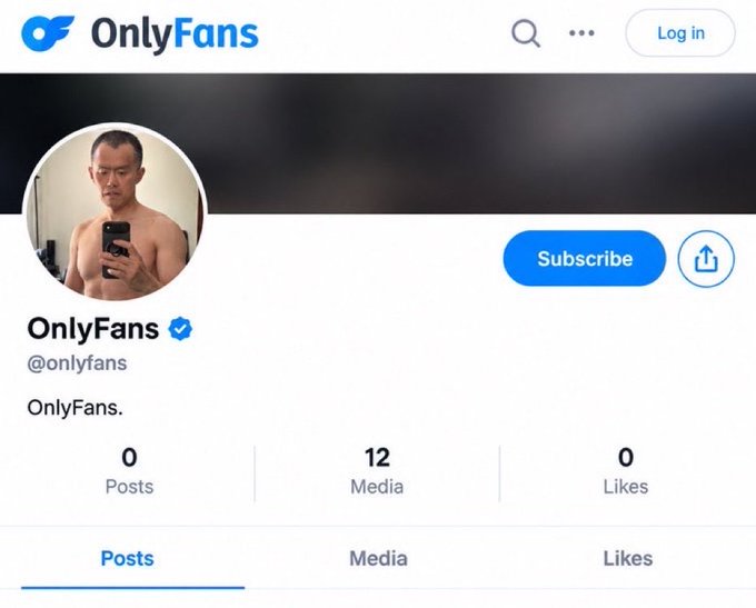 An OnlyFans profile page (@onlyfans) is displayed showing a shirtless man taking a mirror selfie in his profile picture, with a bio reading 'OnlyFans.', 'Subscribe' button, and statistics of 0 posts, 12 media, and 0 likes.
