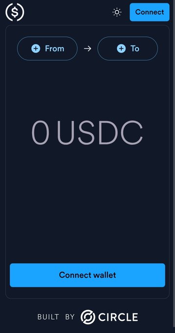 A dark-themed crypto swap interface displays '0 USDC' between 'From' and 'To' fields, with a blue 'Connect wallet' button at the bottom and a 'BUILT BY CIRCLE' logo.