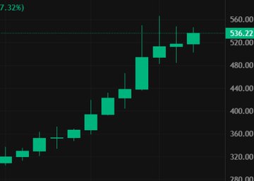 A green candlestick chart displays a strong upward price trend, with values visible on the y-axis ranging from 280.00 to 560.00, reaching a current value of 536.22.