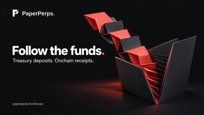 A sleek promotional banner for 'PaperPerps' with the tagline 'Follow the funds. Treasury deposits. Onchain receipts.' The visual features an abstract 3D design of black and red paper-like geometric shapes opening like a book or wallet, with the URL 'paperperps.fun/house' at the bottom.