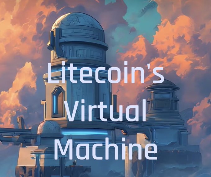 A stylized digital illustration of a futuristic observatory tower set against a dramatic cloudy sky, overlaid with the white text 'Litecoin's Virtual Machine'.