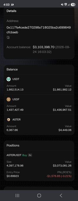 A mobile screenshot of a crypto wallet shows a total balance of $3,103,398.70 holding USDT, USDF, and ASTER, with an ASTER/USDT position showing an unrealized loss.