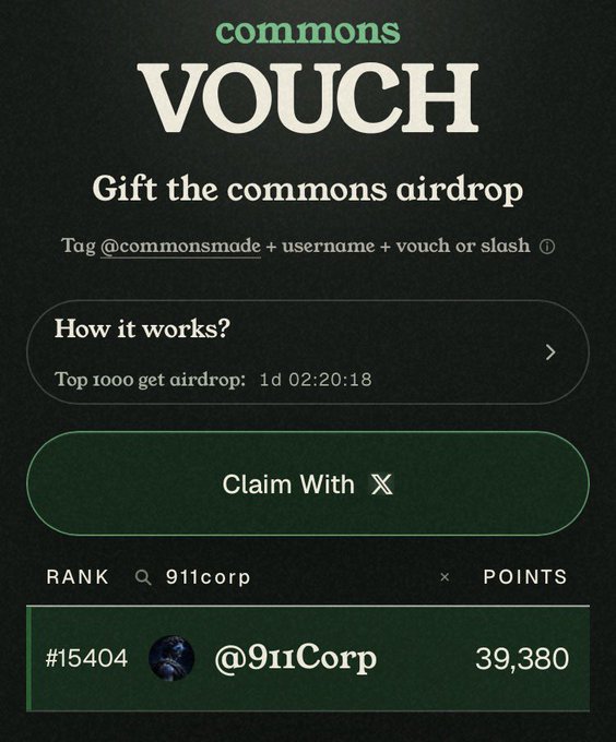A screenshot of a 'commons VOUCH' airdrop page showing a 'Claim With X' button, with rank #15404 for @9iiCorp at 39,380 points and a countdown timer reading '1d 02:20:18.'
