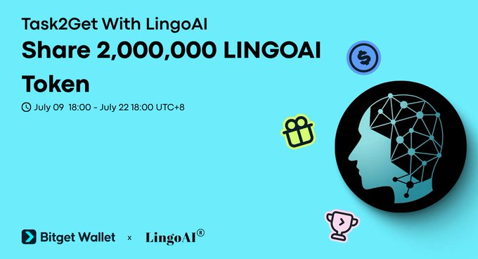 A promotional graphic announces a "Task2Get With LingoAI" campaign offering a share of 2,000,000 LINGOAI tokens, running from July 09 to July 22 at 18:00 UTC+8, featuring a teal background with a black silhouette of a head with a digital network brain, alongside Bitget Wallet and LingoAI logos.