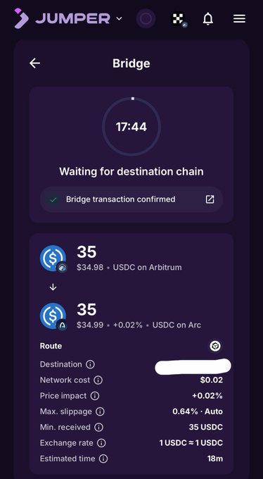 A mobile screenshot of the Jumper exchange app showing a bridge transaction in progress, with a timer at 17:44, status 'Waiting for destination chain', and bridging 35 USDC from Arbitrum to Arc with a 0.02% price impact and $0.02 network cost.