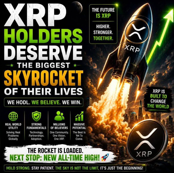 A bold promotional graphic featuring a rocket emblazoned with the XRP logo launching skyward alongside the slogans "THE FUTURE IS XRP" and "THE BIGGEST SKYROCKET OF THEIR LIVES," visually reinforcing the post's message about XRP holders' long patience and anticipation of a major breakout moment for the cryptocurrency.
