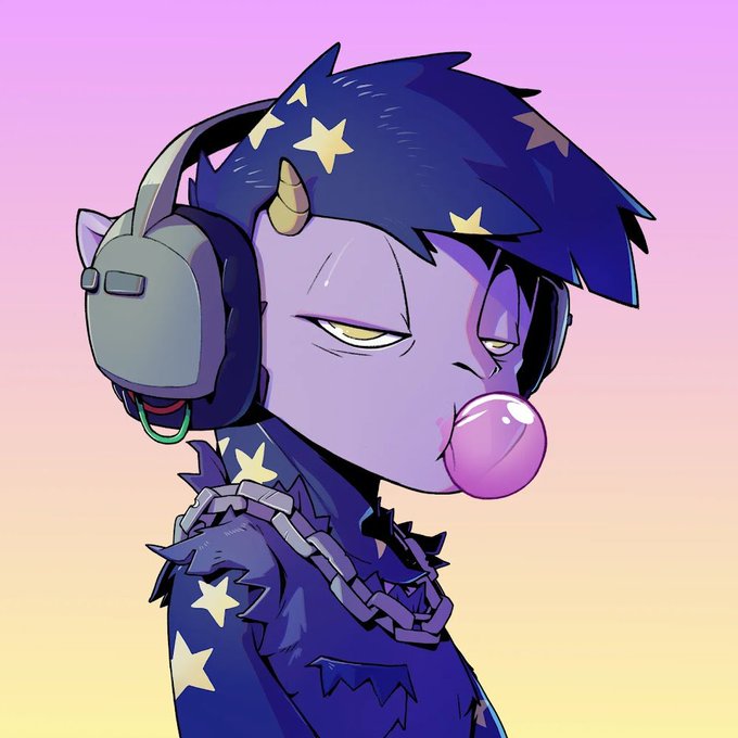 An illustration of a purple-skinned character with a horn, dark blue star-patterned hair and jacket, wearing headphones and blowing a pink bubblegum bubble.