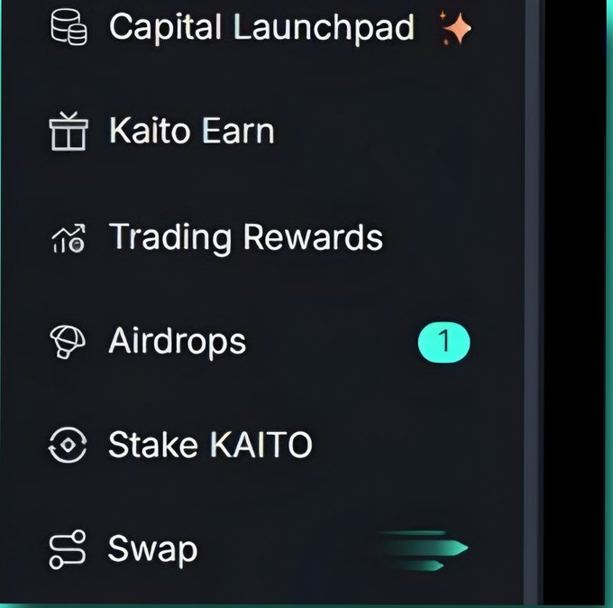 A mobile app menu showing crypto/finance options including 'Capital Launchpad', 'Kaito Earn', 'Trading Rewards', 'Airdrops' (with a notification badge of 1), 'Stake KAITO', and 'Swap'.