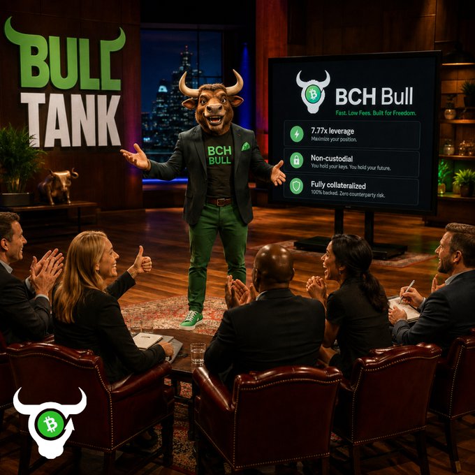 A shark tank parody scene featuring a bull-headed figure presenting 'BCH Bull - Fast. Low Fees. Built for Freedom' with 7.77x leverage, fully collateralized and non-custodial features, while judges applaud.