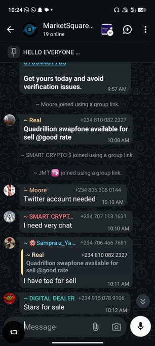 A mobile screenshot of a Telegram group chat named 'MarketSquare...' showing various messages about selling crypto and accounts, with 19 users online.