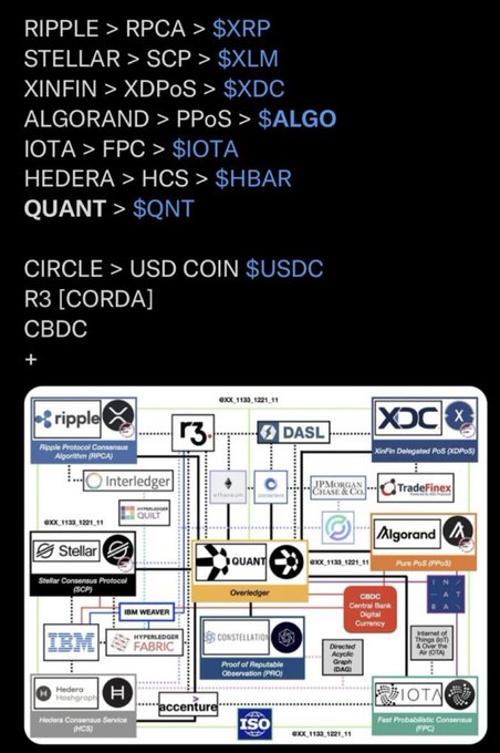 A list of cryptocurrencies and their tickers including XRP, XLM, XDC, ALGO, IOTA, HBAR, QNT, USDC, along with an ecosystem diagram showing blockchain interoperability between Ripple, XDC, Quant, Algorand, Stellar, IBM, IOTA, and other platforms.