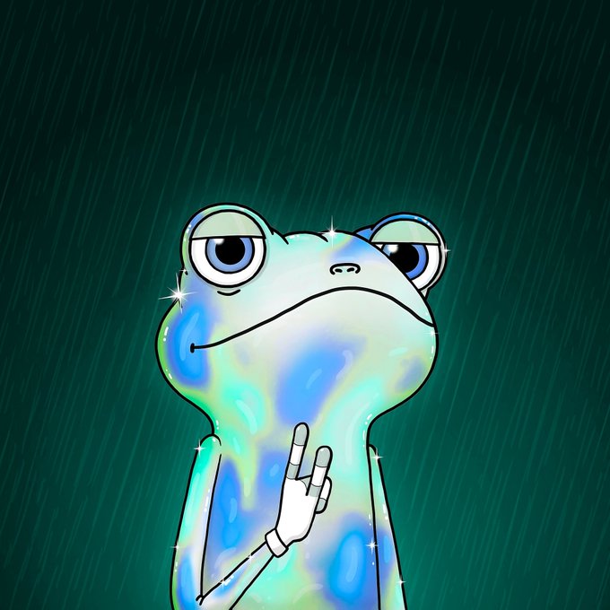 A digital illustration of a cartoon frog character with a holographic iridescent skin texture, making a peace sign against a dark green background with rain effects.