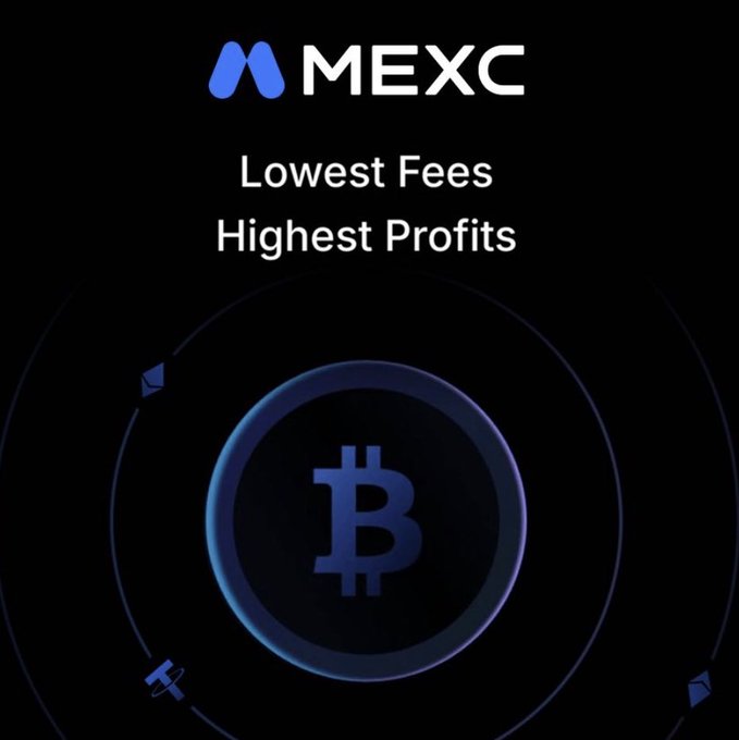 A MEXC promotional graphic featuring the MEXC logo and the tagline "Lowest Fees, Highest Profits" displayed above a Bitcoin symbol encircled by concentric rings, promoting the exchange's new zero-fee trading offer on BTC, ETH, SOL, XRP, and other assets.