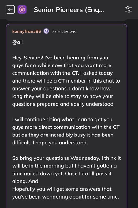A Discord-style chat titled “Senior Pioneers (Eng...” shows a message from kennyfranc86 saying there will be a CT member in the chat to answer questions.