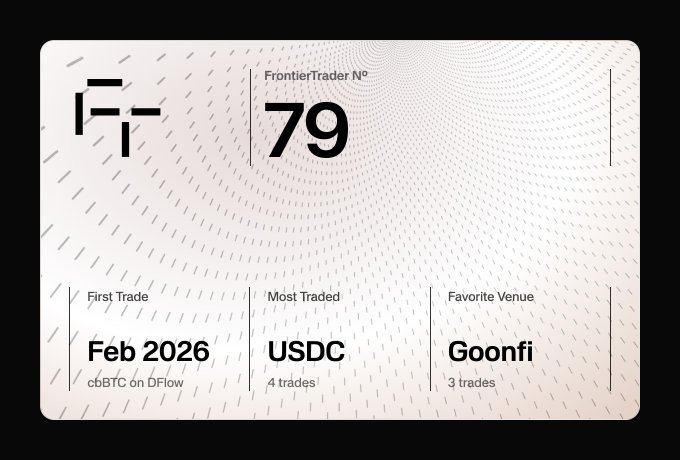 A digital "FrontierTrader N°79" profile card displaying stats including a First Trade of cbBTC on DFlow (Feb 2026), USDC as the Most Traded (4 trades), and Goonfi as the Favorite Venue (3 trades). The card ties to the post's humor by showing Goonfi as the wallet's preferred trading platform.