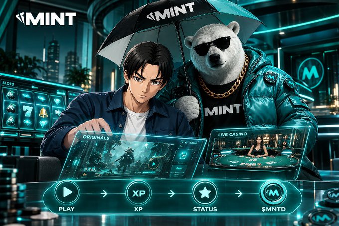 Promotional artwork for MINT featuring a man playing on a holographic interface with an anthropomorphic white bear wearing sunglasses and a MINT jacket in the background, alongside icons for PLAY, XP, STATUS, and $MNTD.