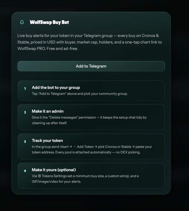 An instructional setup guide for the WolfSwap Buy Bot, showing four steps to add the Telegram bot, grant admin permissions, track a token, and customize alerts.