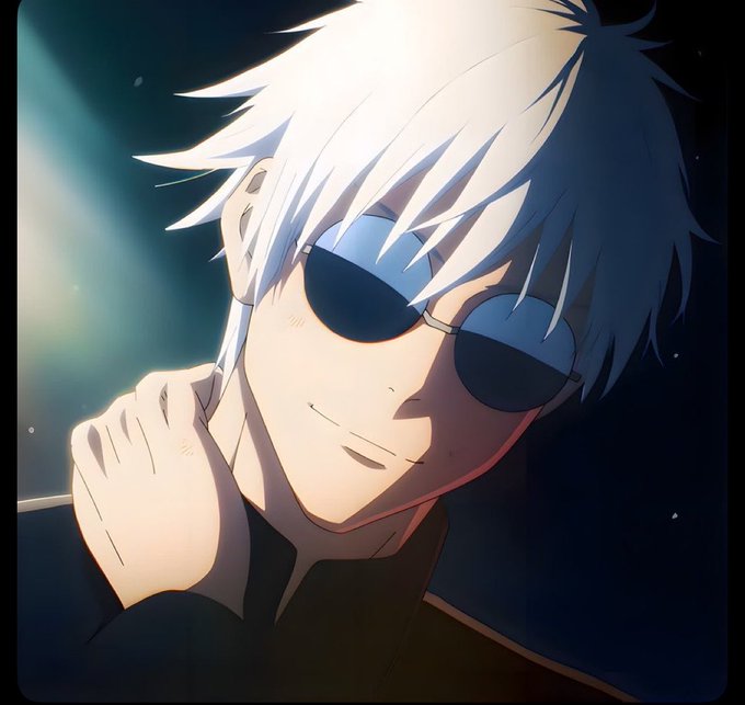 An anime-style illustration of a white-haired character wearing dark sunglasses and a dark outfit, holding something near their face with a slight smile.