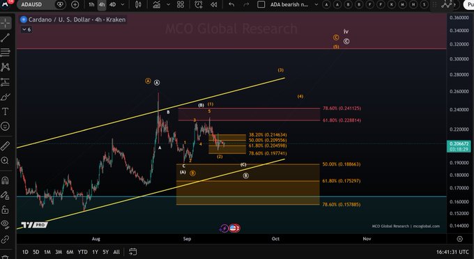 A TradingView chart for ADAUSD (Cardano/U.S. Dollar on Kraken) displays a 4-hour price chart annotated with Elliott Wave count labels (1-5, A-B-C) and Fibonacci retracement levels, with price action testing the $0.197865–$0.188653 support zone in late October, directly illustrating the bullish wave 2 support zone mentioned in the caption.