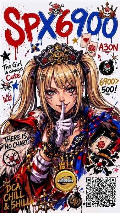 An anime-style illustration of a blonde girl in gothic, royalty-inspired attire with a finger to her lips in a "shush" gesture, set against a graffiti background featuring "SPX6900," "A30N," "6900 > 500!", "The Girl is always Cute," "There is no chart," and "#DCA CHILL & SKILL" alongside a QR code and skull motifs—visually reinforcing the post's bullish $SPX6900 conviction and "believe in something" persistence mindset.