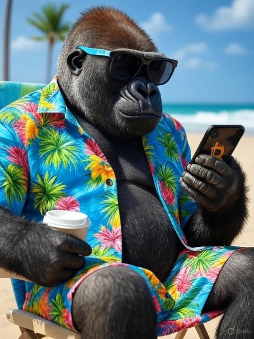 A gorilla in tropical beachwear reclines in a beach chair while checking his phone and holding a coffee cup, captioned with "GM. Weekend mode. Charts, coffee, and seeing what the market has planned." — perfectly capturing the laid-back vibe of a trader taking it easy on a Saturday morning.