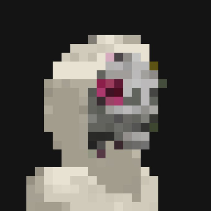 A highly pixelated, abstract image shows the profile of a face in gray tones with a patch of bright magenta, set against a solid black background.