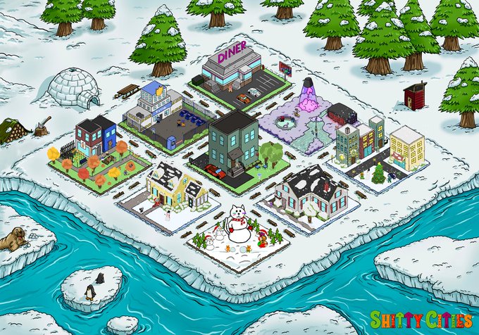 An isometric, cartoon-style digital illustration of a snowy town featuring a diner, houses, an igloo, and a snowman, surrounded by pine trees and a river with seals and a penguin; a logo in the bottom right reads 'SHITTY CITIES'.