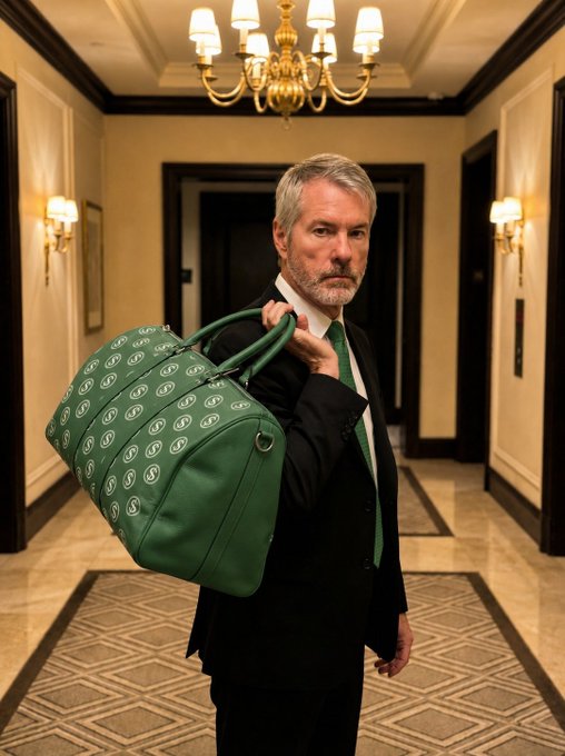 Michael Saylor, the MicroStrategy chairman known for his Bitcoin advocacy, is shown here in a dark suit carrying a green duffle bag covered in dollar-sign logos—a visual nod to the post's suggestion that he launch a memecoin to rescue struggling crypto traders ("save the trenches").