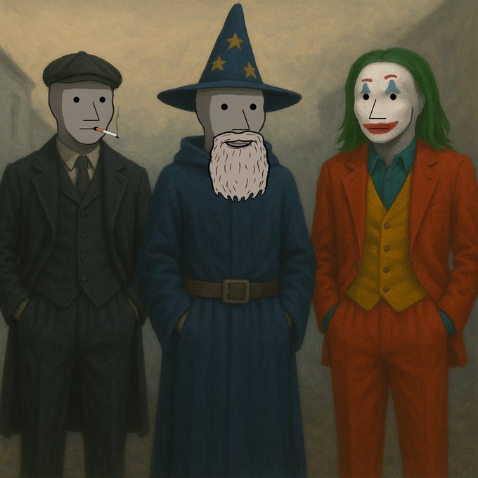 Three masked and costumed characters—a man in a flat cap and dark suit smoking a cigarette, a wizard with a long white beard wearing a blue star-adorned pointy hat and robe, and a green-haired clown in a red suit—stand together in a somber, painterly scene, evoking a sense of looming change or transformation that ties into the post's confident tone about $NPC reaching $1.